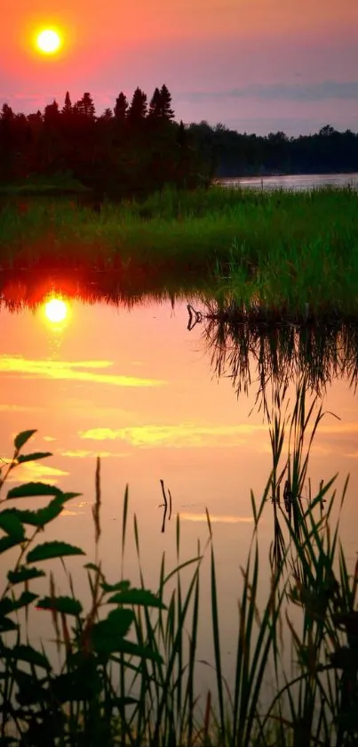 Serene lake with sunset reflecting vibrant colors.