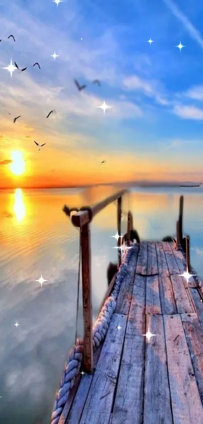 Serene sunset over a calm lake with sparkling effects and a wooden dock.