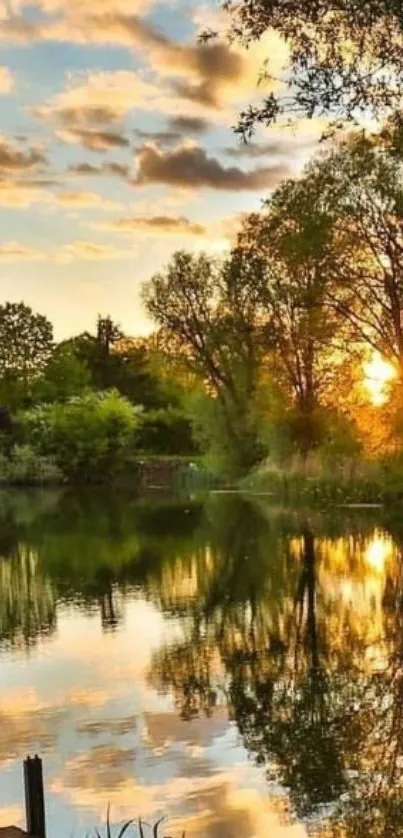 Tranquil sunset over a reflective lake, surrounded by trees.