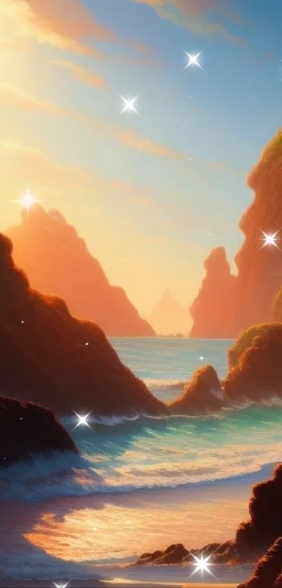 A tranquil sunset view with ocean, cliffs, and stars.