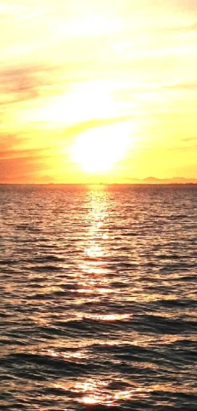 Serene sunset over calm ocean with rocky shoreline.