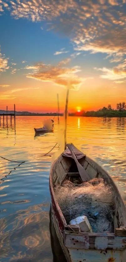 A tranquil sunset over a serene lake with a wooden boat in the foreground.