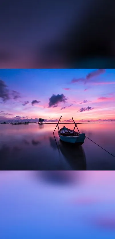 Serene boat at sunset with purple hues over tranquil water.