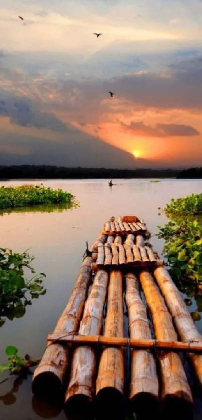 Sunset over a lake with a wooden raft and flying birds.