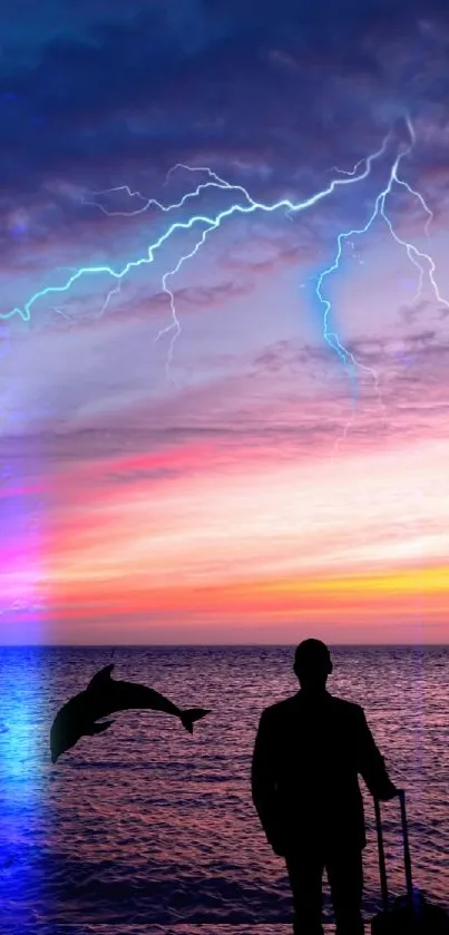 Silhouette by the sea at sunset with a dolphin and lightning.