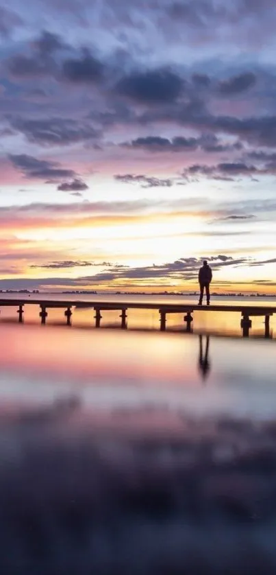 A serene view of a sunset over a pier with reflections in calm water.