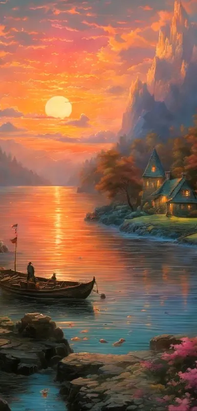 Serene sunset river landscape with cottages and boat.