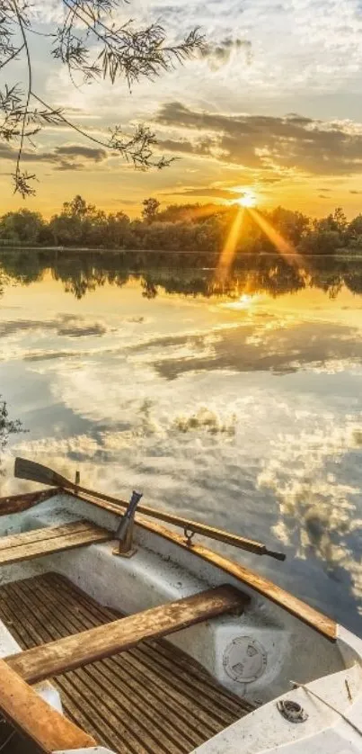 Boat on river at sunset with orange reflections.