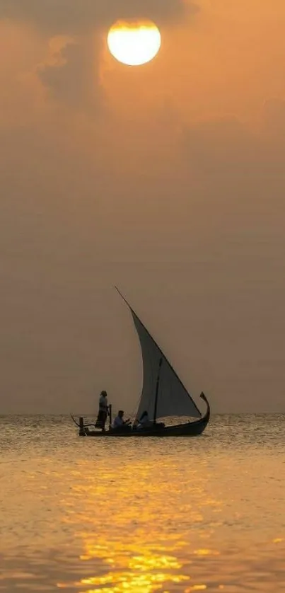 Tranquil sailboat on golden sunset sea.