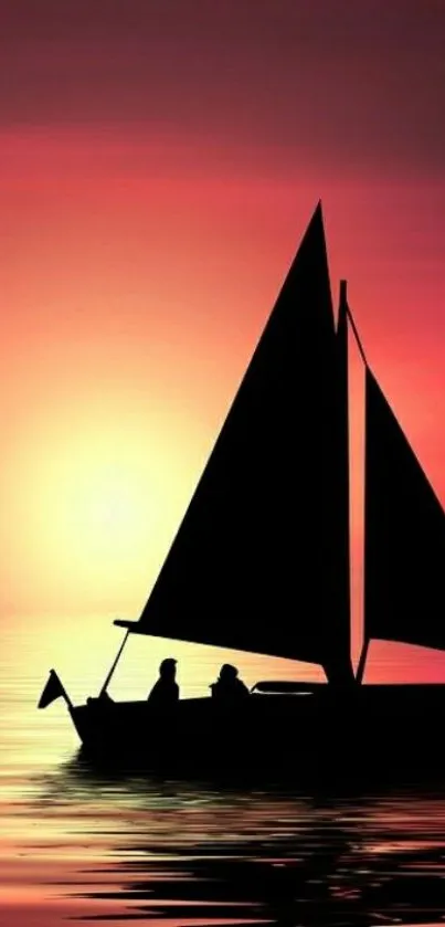 Silhouetted sailboat against a vibrant sunset on peaceful waters.