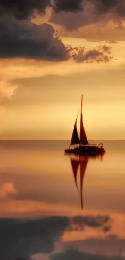 Silhouette of a sailboat against a golden sunset sky.