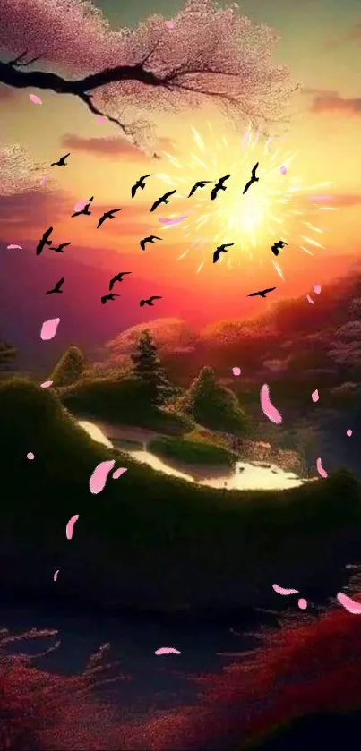 Mobile wallpaper with serene sunset, cherry blossoms, and flying birds.