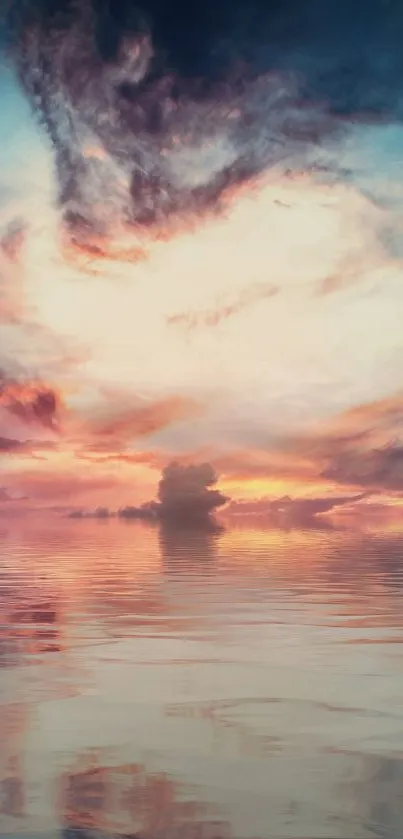 Serene sunset sky reflected on calm ocean waters, creating a tranquil scene.