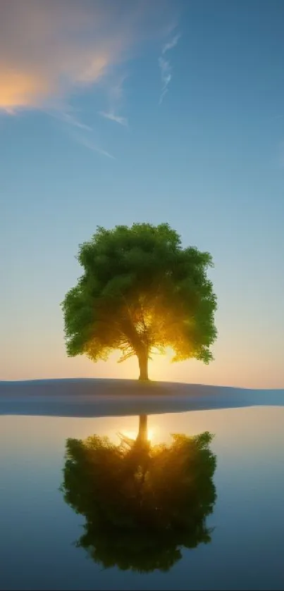 Serene sunset with a tree reflecting on a tranquil lake.