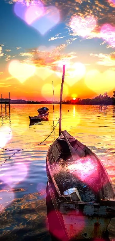 A tranquil sunset over water with boats and orange skies.