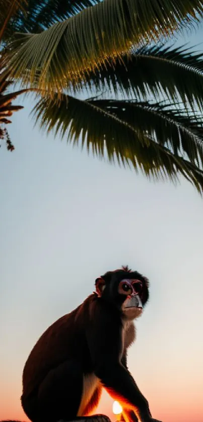 Monkey under a palm tree at sunset with a colorful sky.