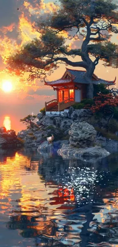 Tranquil sunset over zen garden on calm reflective waters.