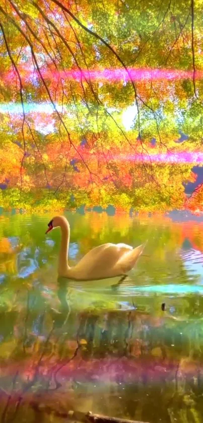 A lone swan glides on a lake surrounded by vibrant autumn foliage.