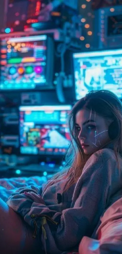 Young woman relaxing in a neon-lit tech room.