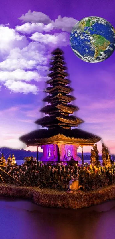 Violet night temple wallpaper with Earth in the sky.