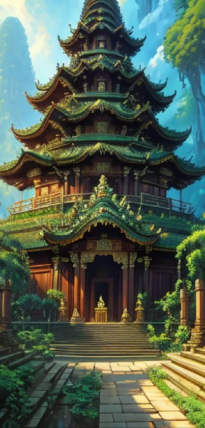 Serene Asian temple surrounded by lush greenery and forested cliffs.