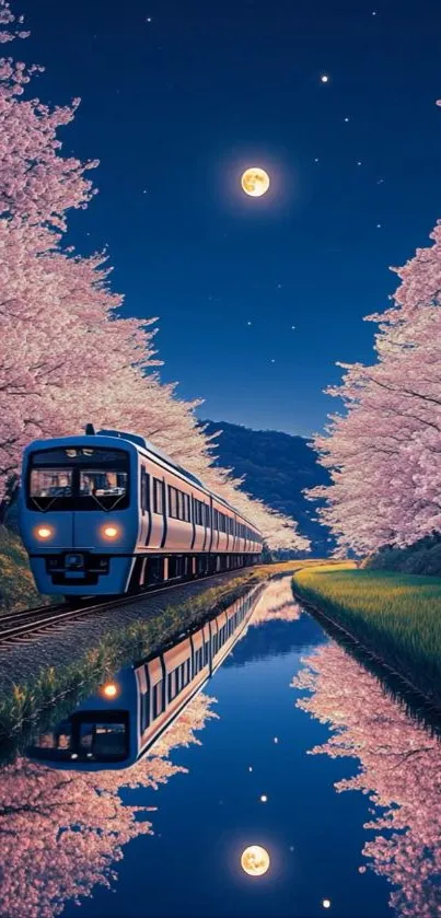 Train under cherry blossom sky at night reflected in tranquil waters.