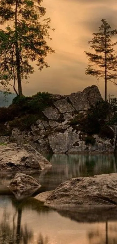 Tranquil lakeside scene with trees, rocks, and a reflective water surface.