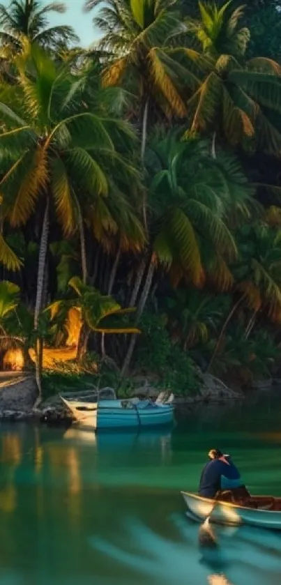 Tropical scene with boats and palm trees on tranquil teal waters.