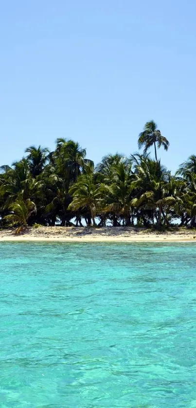 A small tropical island surrounded by clear blue water and palm trees.