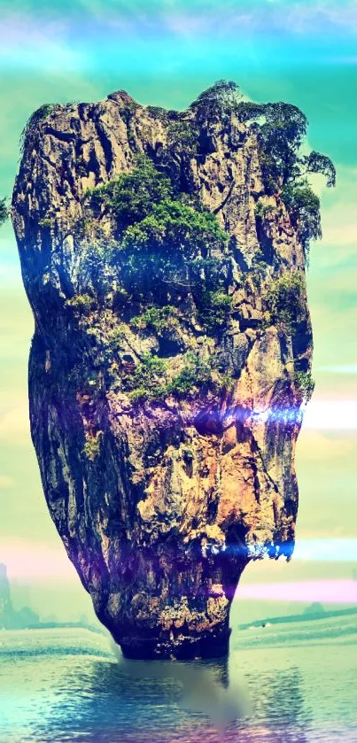 Surreal island rock with vibrant colors set in an ocean landscape wallpaper.