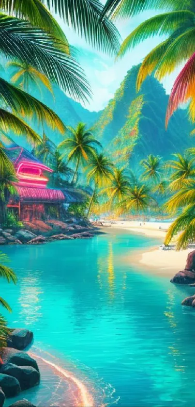 Tropical paradise with palms and turquoise waters in vibrant wallpaper.