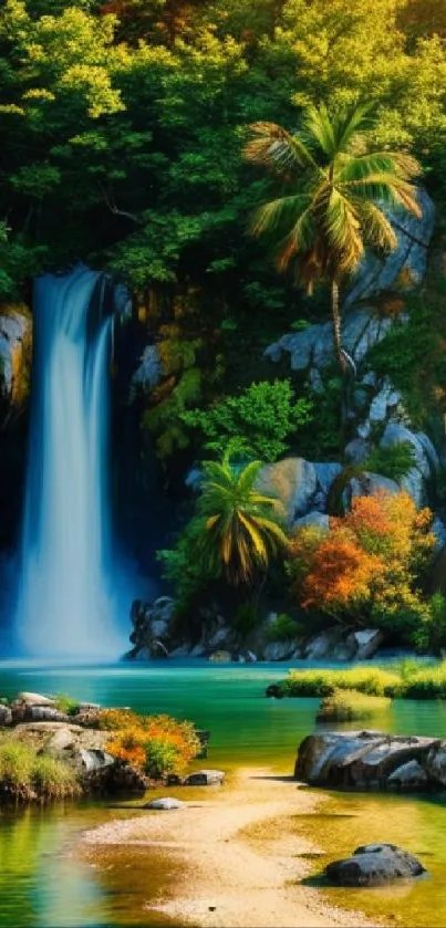 Tranquil tropical waterfall with lush greenery and pond.