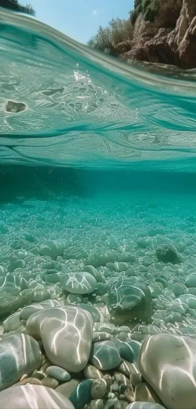 Tranquil underwater view with pebbles and clear water.