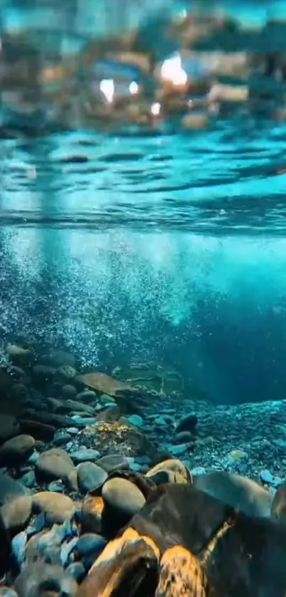 Underwater scene with turquoise hues and smooth stones, perfect for a mobile wallpaper.