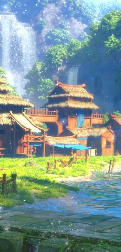 Scenic village with thatched roofs and cascading waterfall.