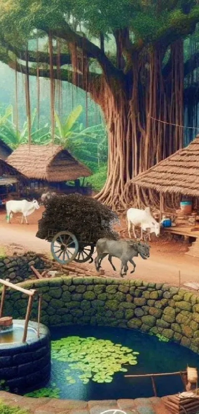 Rustic village scene with huts and animals by a banyan tree.