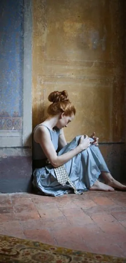 Woman in a vintage setting against a rustic brown wall, creating a tranquil mood.