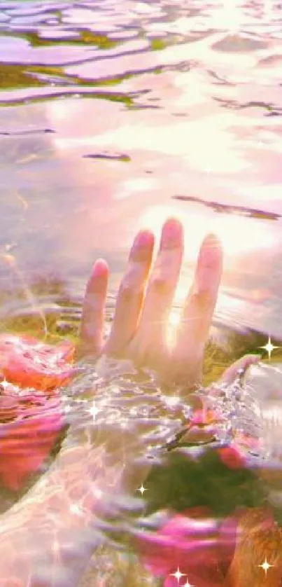 Hand immersed in sunlight-kissed waters with floral tones.