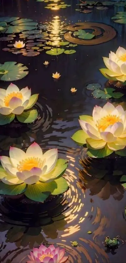 Water lilies floating on a tranquil pond with reflections and glowing lights.