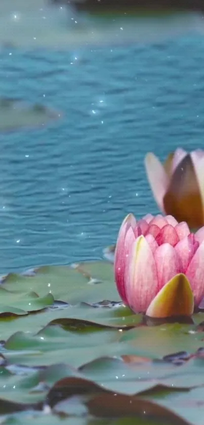 Serene water lilies float on a tranquil blue pond.