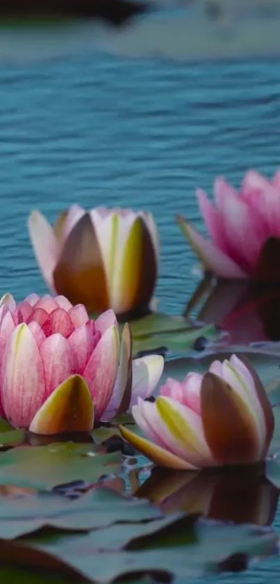 Mobile wallpaper with pink water lilies on a calm blue pond.