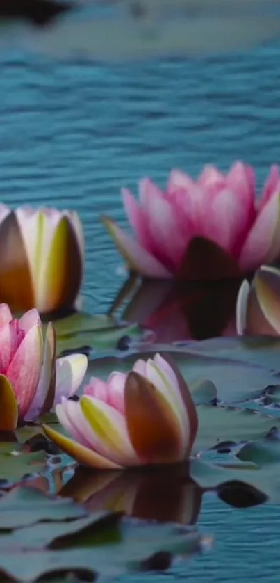 Water lilies floating peacefully on a calm blue pond.