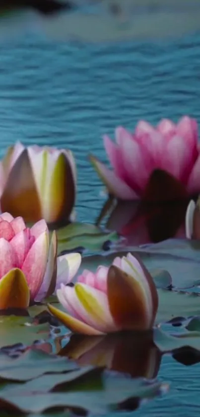 Pink water lilies floating on a tranquil pond scene.