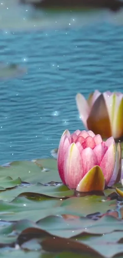 Pink water lilies and blue pond mobile wallpaper, serene nature scene.