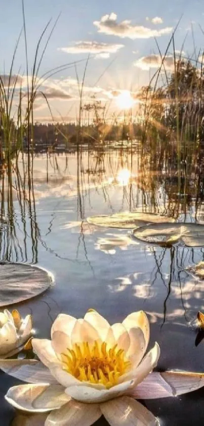 Sun setting over a pond with blooming white water lilies.