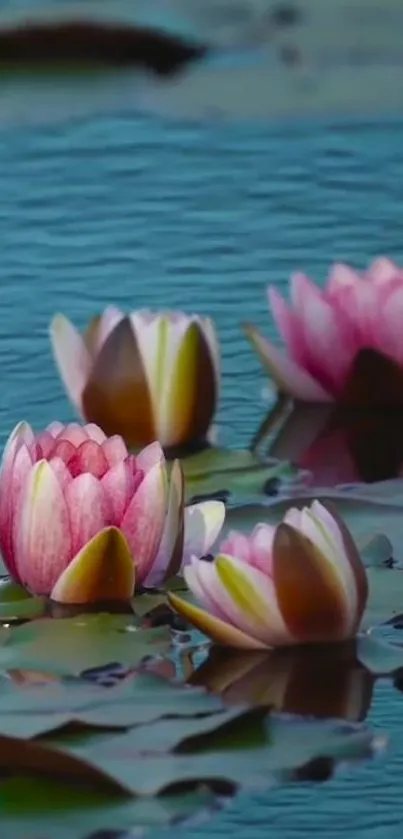 Serene water lilies float on tranquil teal waters.