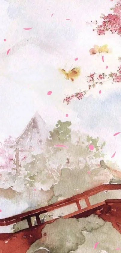 Watercolor landscape with butterflies and pink blossoms in a tranquil setting.