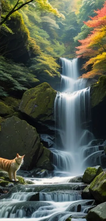 A cat stands by a lush waterfall in a serene forest setting.