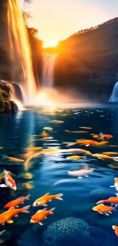 Colorful koi fish swimming in a pond under a waterfall at sunset.