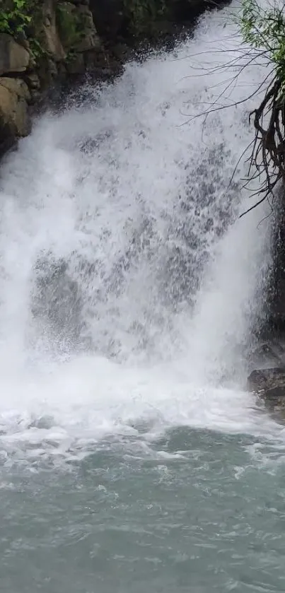 Serene waterfall cascade with lush greenery in a tranquil natural setting.